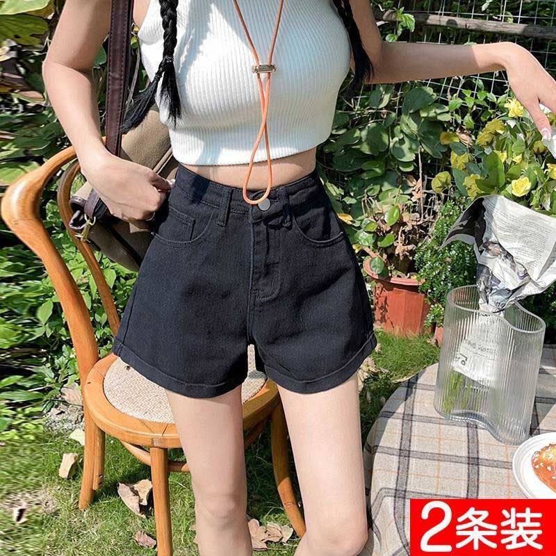 买一送一黑色高腰阔腿牛仔短裤女夏季新款辣妹显瘦a字卷边热裤子