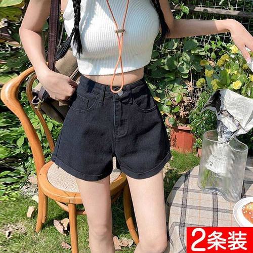买一送一黑色高腰阔腿牛仔短裤女夏季新款辣妹显瘦a字卷边热裤子