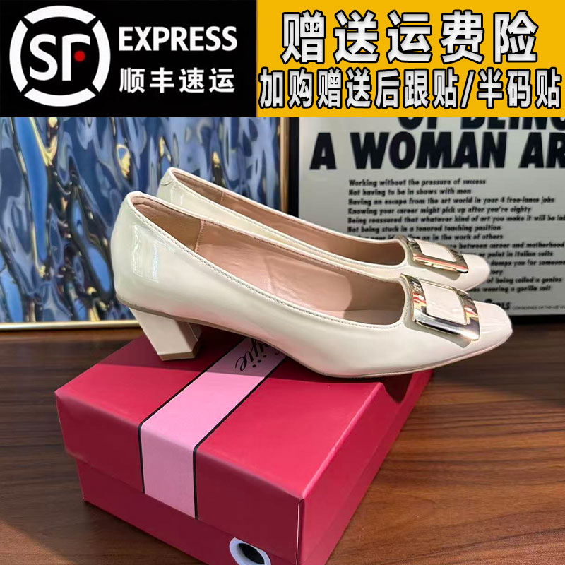rv单鞋女网红漆皮粗跟真皮2025秋季方扣工作鞋方头高跟鞋女通勤风