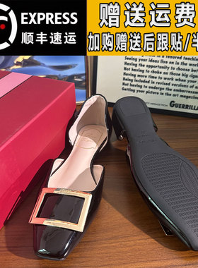 rv黑色漆皮中空凉鞋女方扣2025夏季一脚蹬方头休闲chips平底鞋女