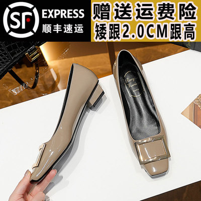 rv方扣粗跟单鞋女夏季方头浅口