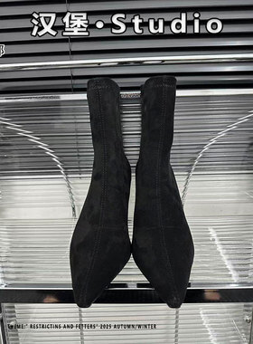 朴彩英明星同款黑色绒面高跟靴子2025秋冬季加绒保暖瘦瘦靴短靴女