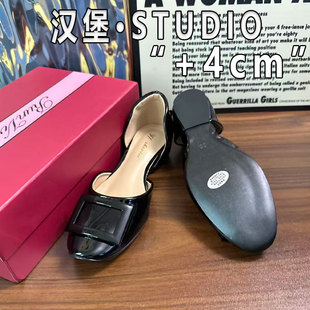 女方扣圓頭單鞋 女4cm Video小個子真皮內增高一腳蹬中空涼鞋 Right