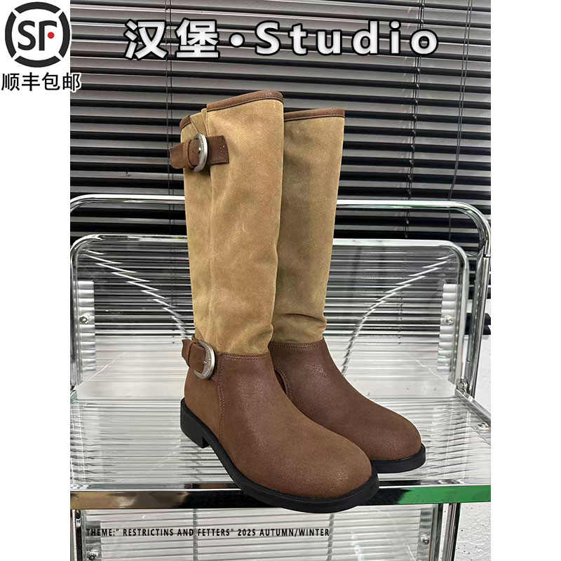 中筒骑士靴子马思纯同款废土游牧风真皮西部金属搭扣长筒堆堆靴女