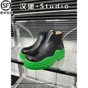 切尔西靴子2025秋冬加绒mona同款女季情侣款松糕烟筒靴子厚底短筒