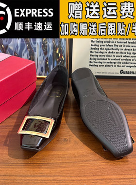 Right Video黑色方扣平底鞋漆皮真皮2025秋季气质通勤一脚蹬单鞋