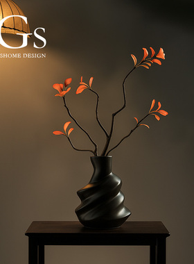 景德镇黑色陶瓷花瓶哑光轻奢装饰艺术品高级感水培插花摆件新中式