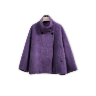 10山羊绒90绵羊毛皮草感拉毛烟囱领宽松版女士中长款大衣外套秋冬