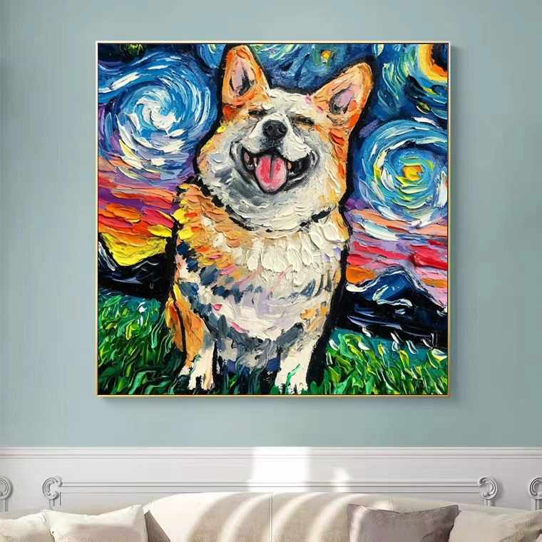 创意狗狗装饰画柯基狗画雪纳瑞墙画油画风格抽象画挂画卧室墙画