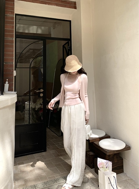 77store 白色阔腿裤女2026新款夏薄款镂空钩花宽松亚麻直筒休闲裤