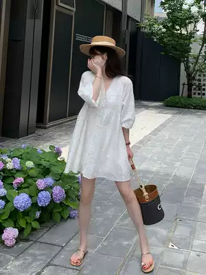 77store crochet flower white dress female summer French bubble sleeve V collar hollow embroidery tea break doll dress