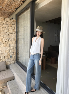 77store 白色直筒牛仔裤女2026夏季新款显瘦高腰微喇裤阔腿裤长裤