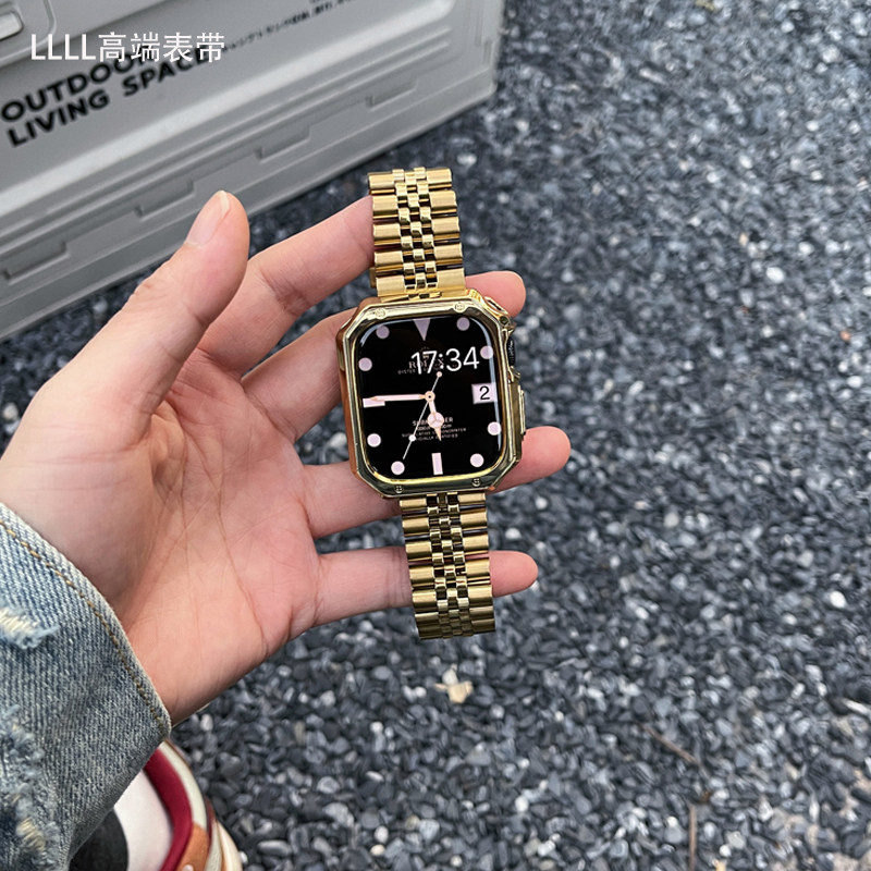 适用Applewatch11不锈钢表带苹果手表46miWatchS10金属表带保护壳