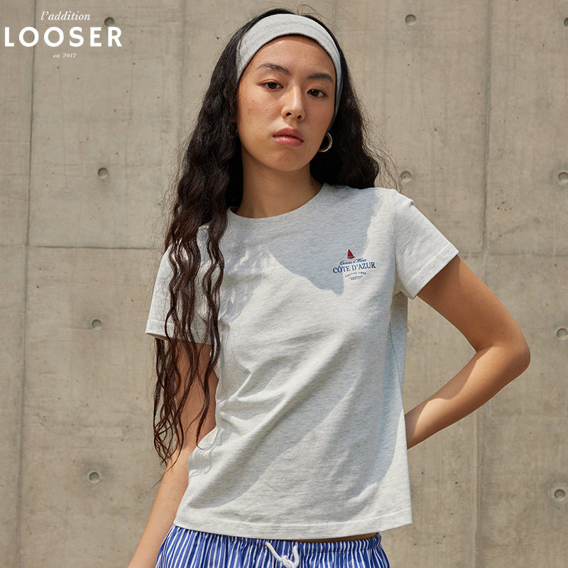 iamLOOSER 夏季系列 浅花灰纯棉短袖圆领字母印花正肩T恤女松弛感