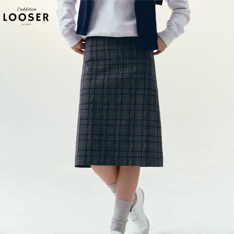 LOOSER灰蓝格纹直筒半身裙