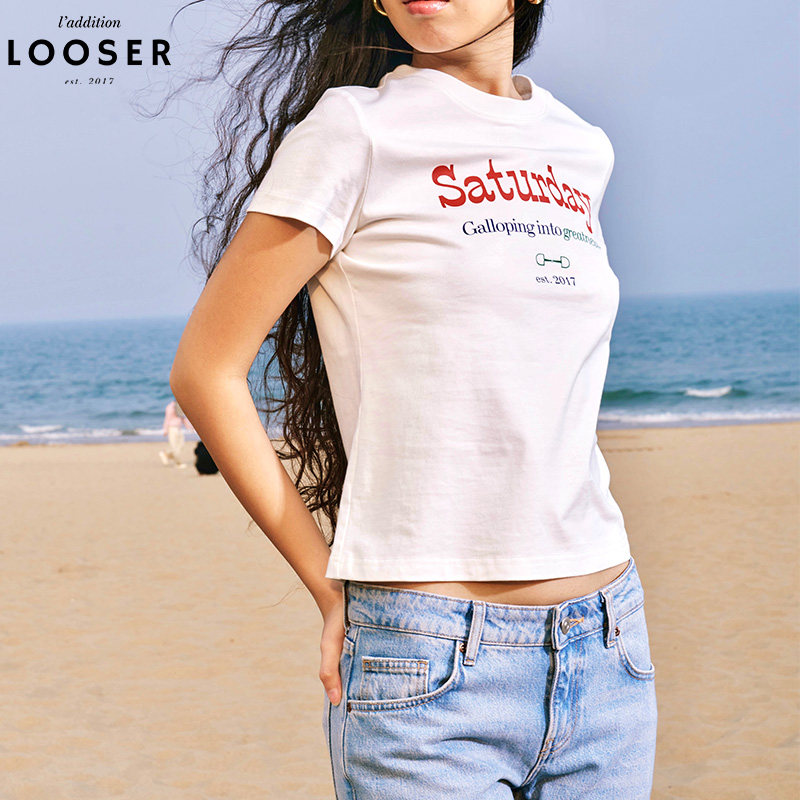 iamLOOSER 夏季系列 白色纯棉短袖圆领字母印花正肩T恤女百搭美式