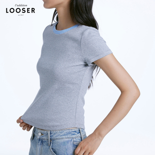 iamLOOSER 夏季系列 花灰复古细条纹弧摆拼色正肩T恤日杂风