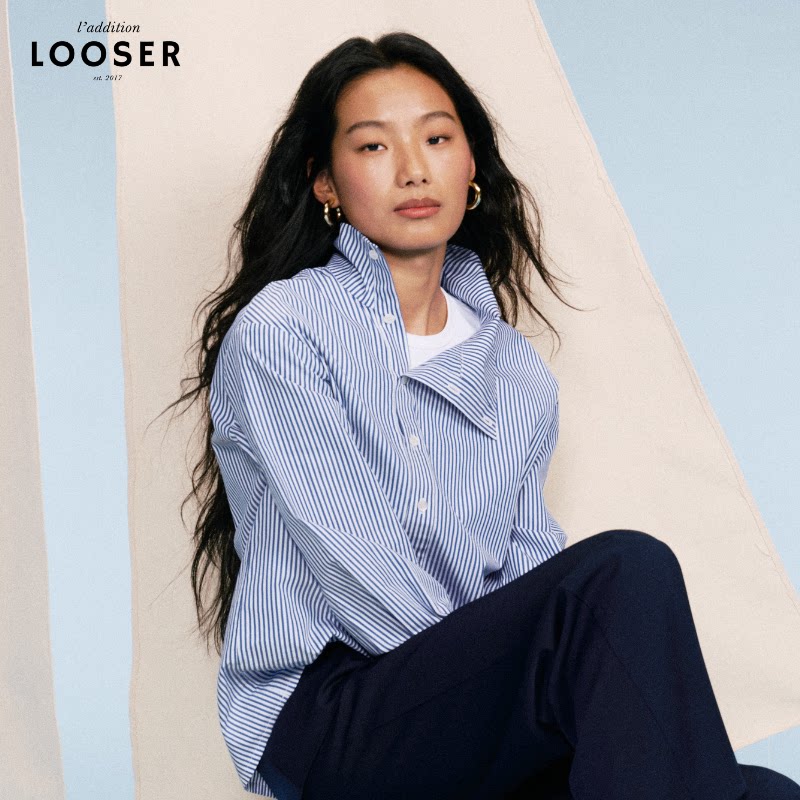 iamLOOSER 春季系列 蓝白条纹衬衫松弛极简长期主义高级蓝通勤