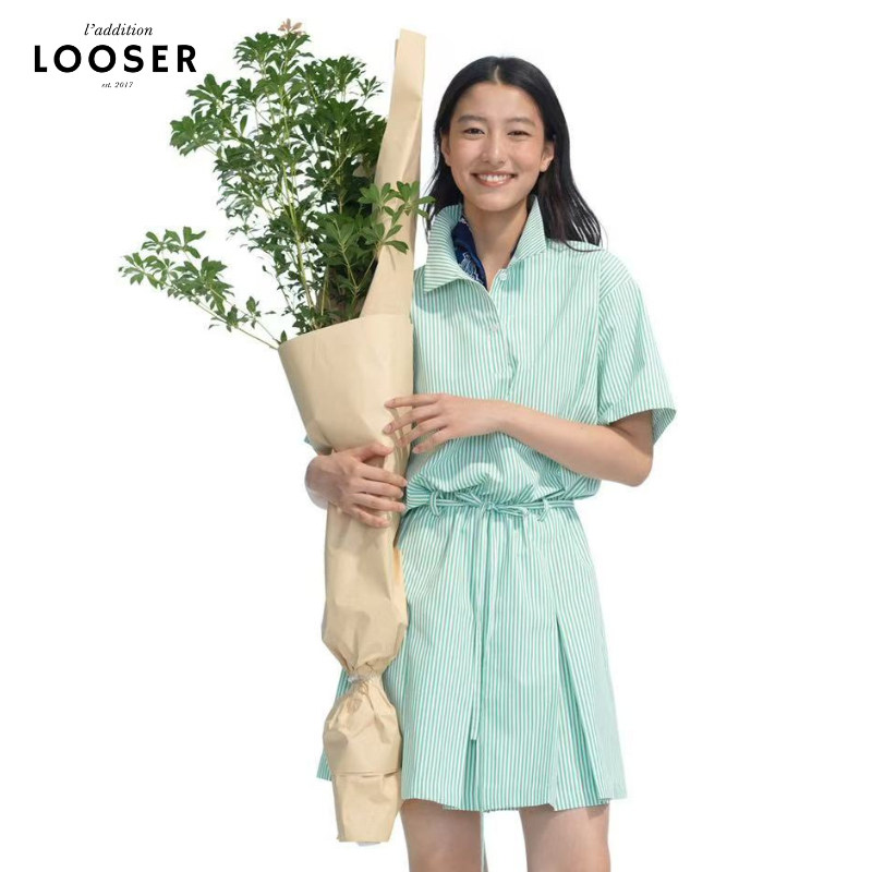 iamLOOSER 夏季系列 绿白条纹工字褶轻盈衬衫连衣裙清冷文艺风