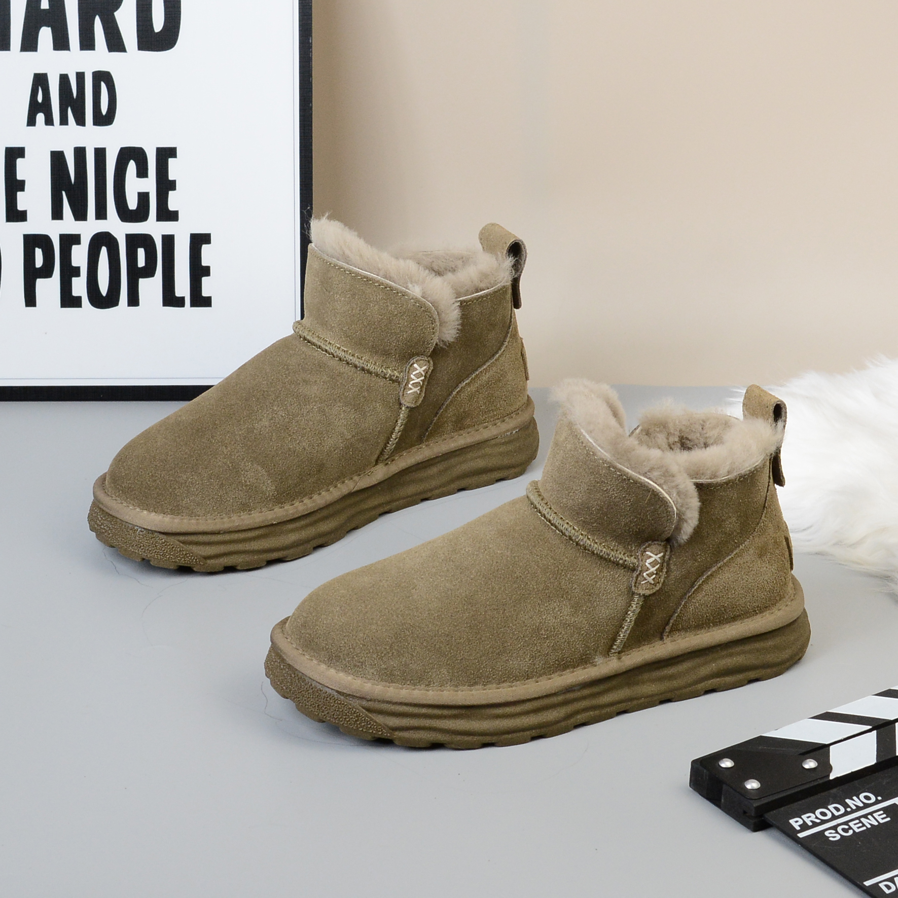 纯羊毛低帮厚底雪地靴男皮毛一体短靴冬季保暖加绒加厚防滑大棉鞋