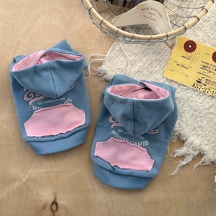 蓝粉撞色时尚 猫咪狗狗衣服加绒保暖 连帽卫衣约克夏雪纳瑞秋冬新款