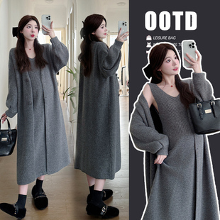 实拍孕妇装秋冬新款套装慵懒风毛衣外套秋季两件套针织连衣裙秋冬