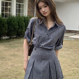 实拍2024夏装新款通勤仿牛仔衬衫上衣女小众百褶短裙半裙两件套装