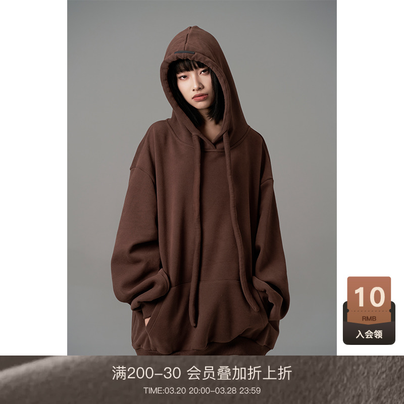 LOUZING中长款卫衣女2025新款冬加厚宽松慵懒风连帽美式外套上衣