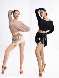 拉丁流苏钻裙显腿长拉丁套装 舞月YAMEI雅美舞服蝙蝠袖 上衣短款