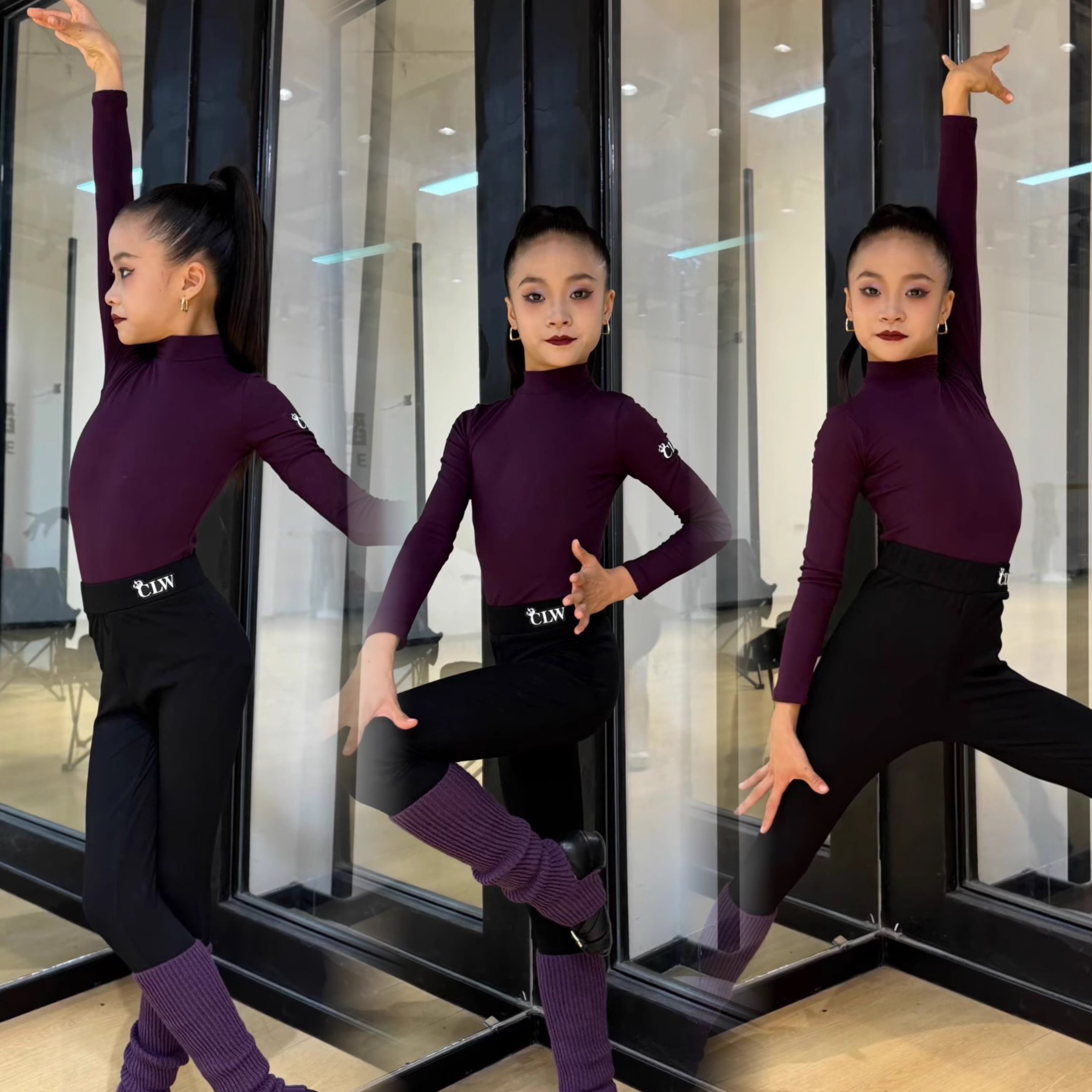 舞月CLW正品少儿成人款拉丁舞服班服冬季舞服气质保暖紫色三件套