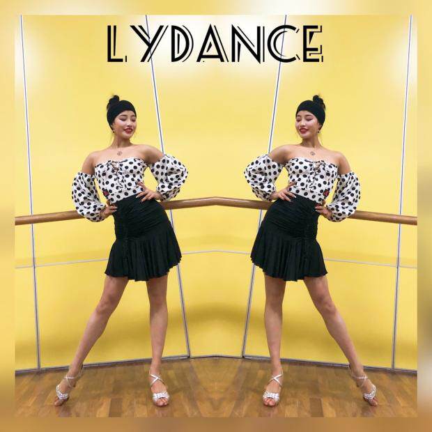 LYDANCE拉丁舞服黑白点上衣泡泡袖包臀半身裙褶皱舞蹈练功裤显瘦