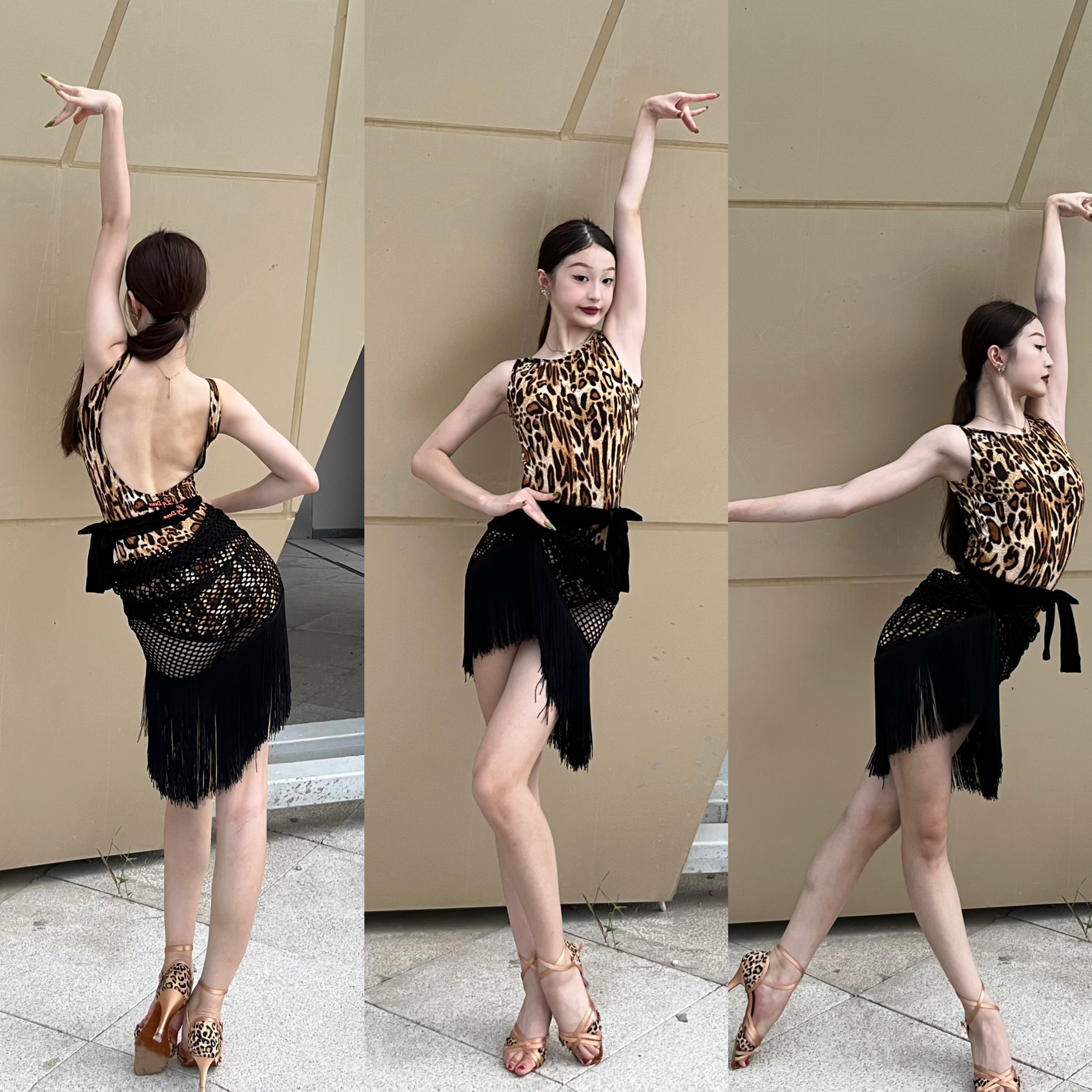 LYDANCE舞服拉丁舞吊带豹纹露肩露背上衣女自带胸垫日常流苏表演