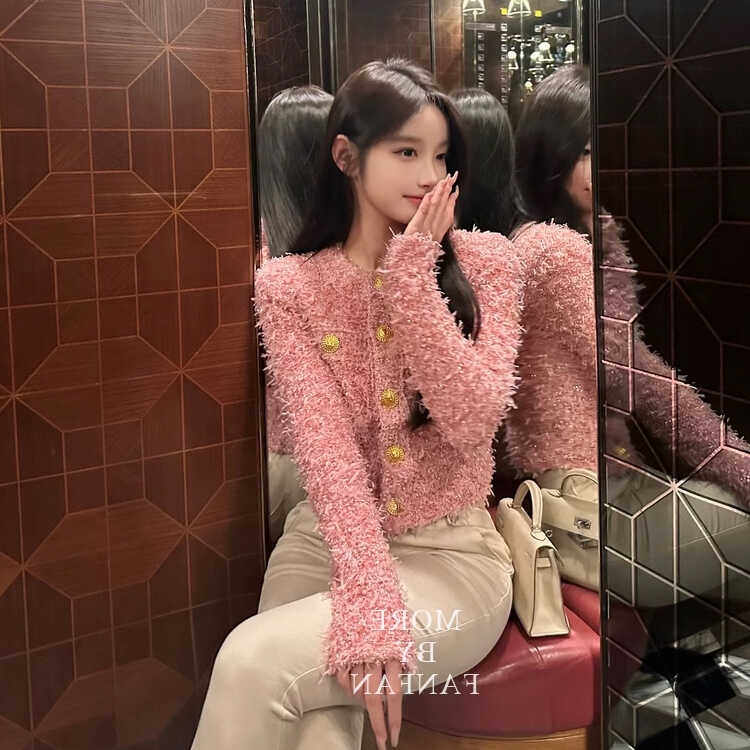 王心凌方媛明星同款粉色小香风粗花呢外套女春季气质名媛短款上衣