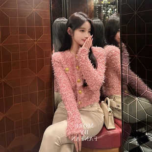 王心凌方媛明星同款粉色小香风粗花呢外套女春季气质名媛短款上衣