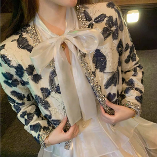 小众设计安全感轻奢重工镶钻花朵小香风媛花瓣钉钻粗花呢短外套