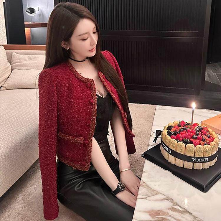 新年高级感红色小香编织外套女长袖圆领百搭气质名媛风短款开衫潮