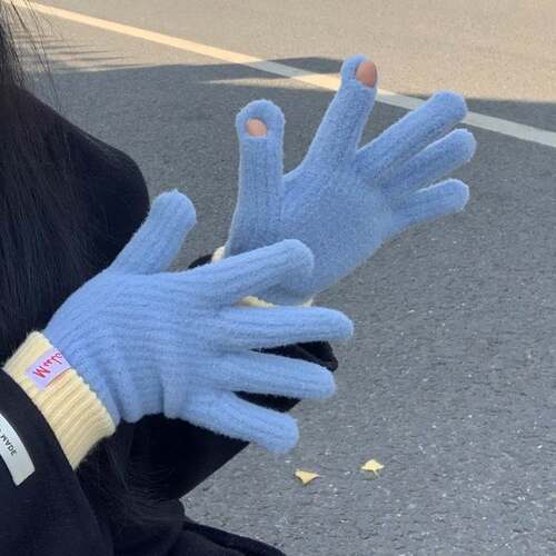 韩版毛线手套针织羊绒手套女冬季新款分指触屏加绒保暖加厚防寒风