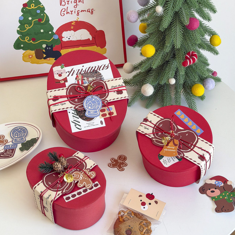 圣诞糖霜饼干包装盒烘焙曲奇奶枣糖果雪花酥点心红色椭圆打包盒子