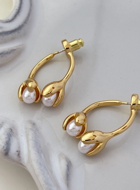 MAGICBOXACC法式复古温柔气质郁金香珍珠925银针耳环高级感耳钉