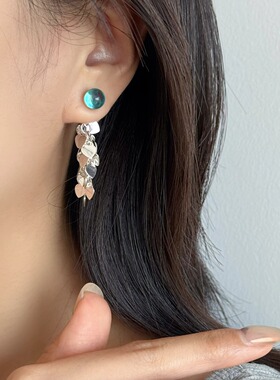 MAGICBOXACC气质透蓝银色爱心流苏亮片耳环女925银针百搭两戴耳钉