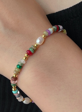 MAGICBOXACC欧美复古甜酷风彩色真石珍珠串珠手链叠戴腕饰饰品女