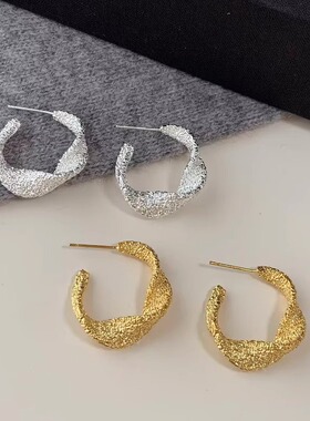 MAIGCBOXACC冷淡风通勤高级感金银颗粒磨砂925银针素圈耳环耳圈女