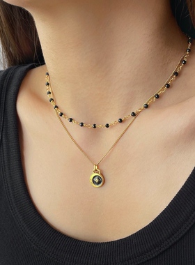 MAGICBOXACC法式时髦黑水晶隔珠编织锁骨链星月吊坠叠戴项链女