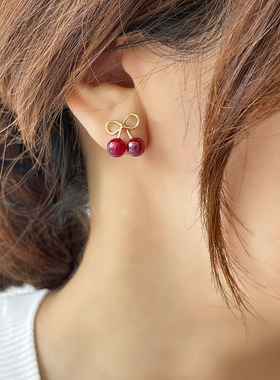 MAGICBOXACC少女风晶莹红色小樱桃925银针耳钉可爱耳环个性耳饰品