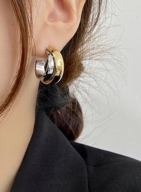 MAGICBOXACC小众设计感金银撞色双环性冷风高保色耳钉高价感耳圈