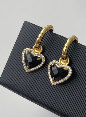 MAGICBOXACC轻奢黑色桃心镶钻吊坠气质925银针耳钉百搭耳环耳饰