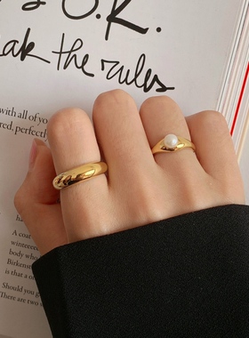 MAGICBOXACC法式复古设计天然珍珠简约黄铜戒指叠戴时髦食指戒指