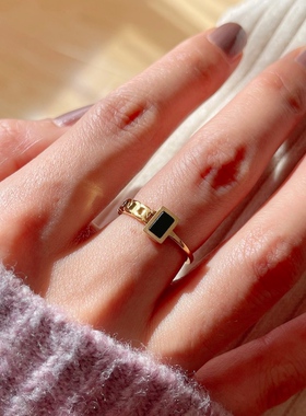 MAGICBOXACC欧美简约黑色小方块链条拼接钛钢不掉色戒指叠戴戒指