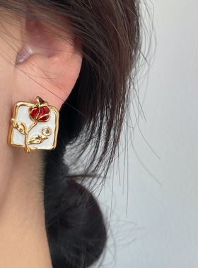 MAGICBOXACC法式复古vintage中古珐琅立体玫瑰925银针耳钉耳环女