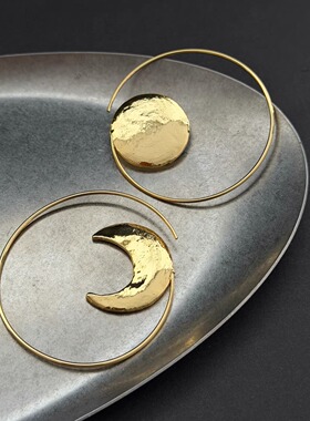 MAGICBOXACC日月不对称哑金耳环圆圈耳饰复古气质个性设计感耳圈